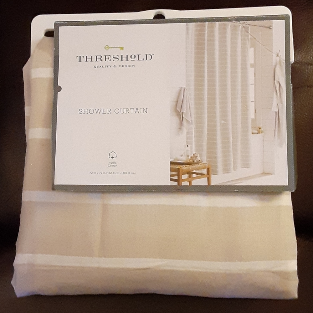 Threshold light gray white striped fabric shower curtain 72"x72" standard New…